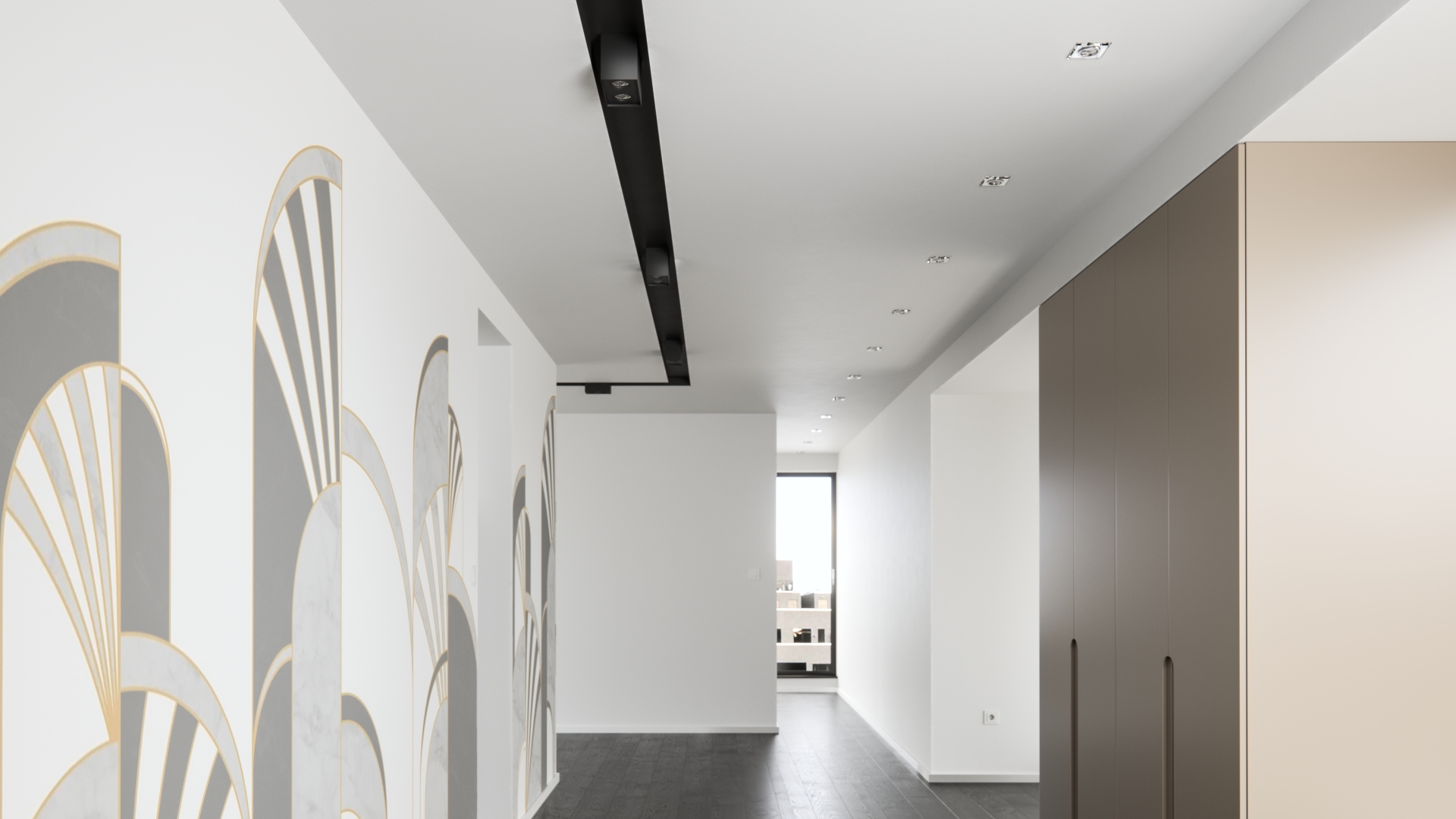 Ceiling eyelets and surface-mounted tubes in the corridor